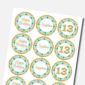 13th Birthday cupcake toppers Teal and gold birthday decoration Personalized birthday tags Birthday round labels Any age