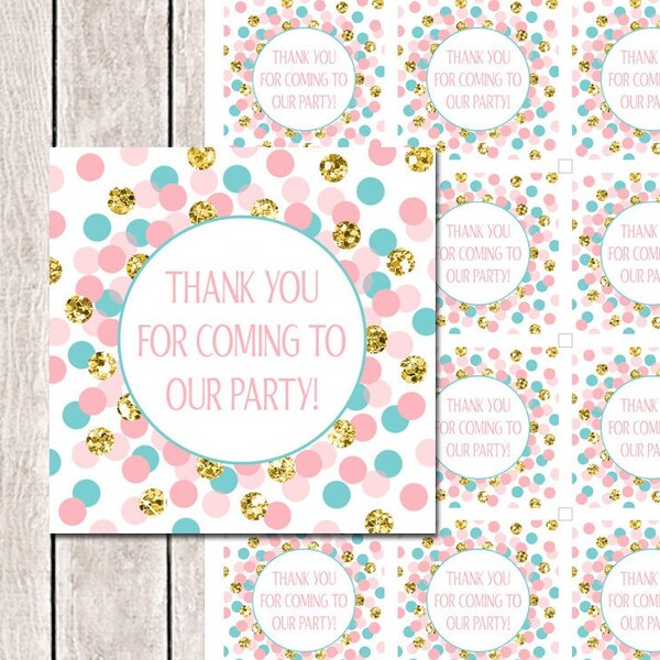 Thank you for coming to our party tag Twin birthday favor tags printable Pink teal gold Birthday thank you tags