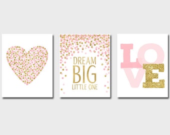 Dream big little one print Pink and gold nursery wall décor Love print Heart print Blush pink and gold glitter Baby girl nursery prints