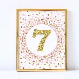 Number 7 sign printable 7th Birthday party decorations Pink and gold 7th birthday décor Gold number 7 print image 1