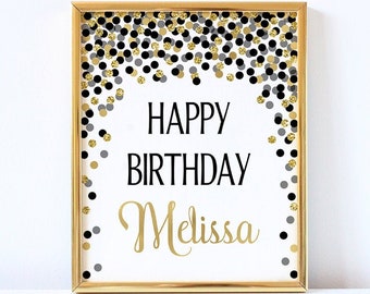 Personalized happy birthday sign Girl birthday celebration Black and gold decorations Happy birthday print Custom happy birthday sign