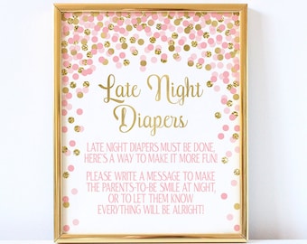 Late Night Diapers Sign Printable Girl Baby Shower Game Pink And Gold Confetti Baby Shower Decorations Baby Shower Activity Baby Girl Shower