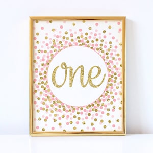 Pink and gold first birthday decorations Girl 1st birthday party One sign Number 1 sign printable 1st birthday girl decoration