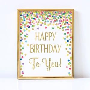 Letrero de feliz cumpleaños imprimible Feliz cumpleaños arcoíris para ti, impresión Decoraciones de cumpleaños arcoíris y doradas Póster de feliz cumpleaños