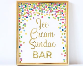 Ice cream sundae bar sign printable Rainbow and gold dessert bar sign Colorful birthday or shower decorations Ice cream bar sign Table sign