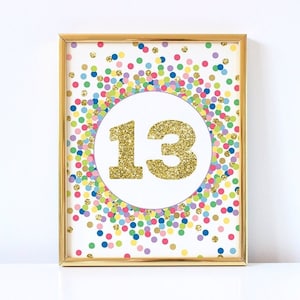 数字 13 のサインを印刷可能 虹と金色の数字 13 のプリント カラフルで金色の 13 歳の誕生日の飾り 金色のグリッターの数字 13 を印刷可能