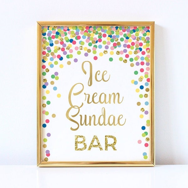 Ice cream sundae bar sign printable Rainbow and gold dessert bar sign Colorful birthday or shower decorations Ice cream bar sign Table sign