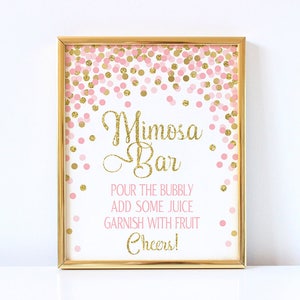 Mimosa Bar Schild Druckbare Geburtstag Party Tischschild Braut Shower Bar Schild Gold und Rosa Konfetti Mimosa Bar Schild Hochzeitsschild Rosa und Gold