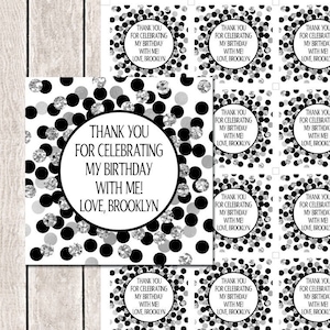 Thank you for celebrating my birthday with me Black silver Personalized tags Thank you tags printable Birthday favor tag Birthday tags