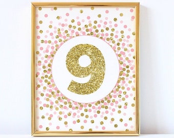 Number 9 sign printable 9th Birthday decorations Pink and gold 9th birthday décor Gold number 9 print 9th Birthday party table sign