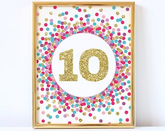 Number 10 Sign Girl 10th Birthday Party Decor 10th Birthday Party Sign Hot Pink Purple Lavender Teal Gold Confetti Party Decorations