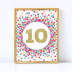 Number 10 Sign Girl 10th Birthday Party Decor 10th Birthday Party Sign Hot Pink Purple Lavender Teal Gold Confetti Party Decorations image 1