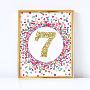 Number 7 sign 7th Birthday decorations 7th Birthday table sign Hot pink purple lavender teal gold glitter number 7 printable