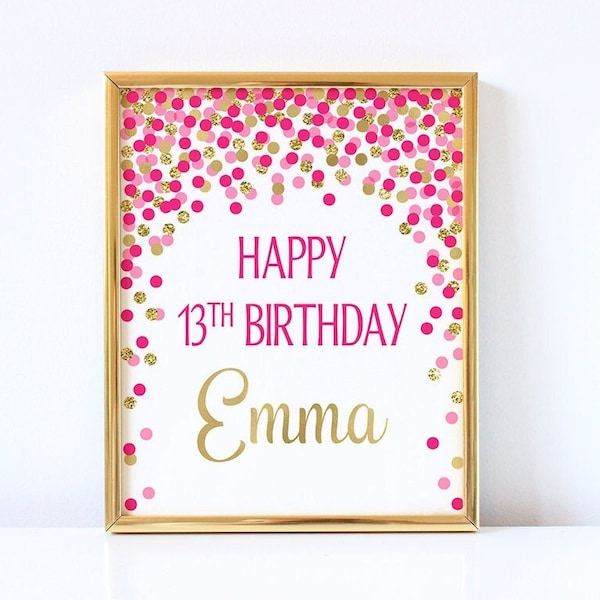 Personalized happy birthday sign Girl birthday celebration Hot pink and gold decorations Happy birthday print Any age