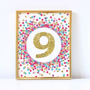 Number 9 Sign Printable Ninth Birthday Party Sign Girl 9th Birthday Party Decorations Hot Pink Purple Lavender Teal Gold Glitter image 1