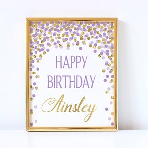 Personalized Happy Birthday Sign Girl Birthday Party Decoration Purple Gold