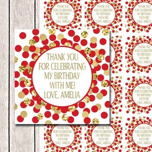 Thank you for celebrating my birthday with me tags Red and gold favor tags Birthday decoration Personalized thank you tags