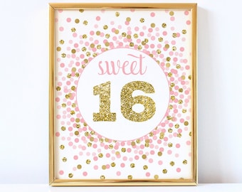 Pink And Gold Sweet 16 Sign Printable 16th Birthday Party Decorations Sweet 16 Decorations