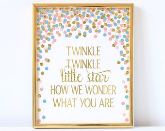 Twinkle Twinkle Little Star How We Wonder What You Are Quote Print Gender Reveal Sign Printable Baby Shower Decorations Pink Blue Gold