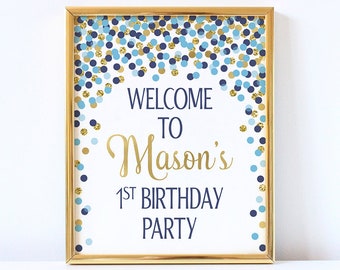 1st Birthday welcome sign Blue navy gold birthday decorations Personalized welcome to birthday poster printable