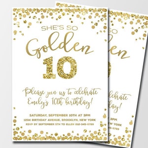 She&#39;s so Golden birthday invitation Gold glitter birthday invite Personalized Golden invitation for girl 10th birthday invite Any age
