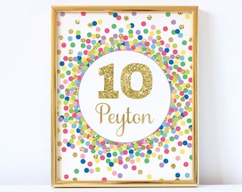 10th Birthday Sign Personalized 10th Birthday Party Decor Rainbow Gold Confetti Decorations Girl Birthday Party Sign Printable Name Sign