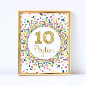 10. Geburtstag Zeichen personalisierte 10. Geburtstag Party Dekoration Regenbogen Gold Konfetti Dekorationen Geburtstagsfeier Zeichen druckbare Namensschild