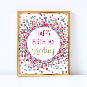 Happy birthday sign printable Bright pink purple teal and gold decorations Personalized Happy Birthday print Girl birthday party décor