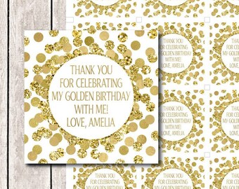 Golden birthday tags Thank you for celebrating my golden birthday with me tags Personalized favor tags Gold glitter decorations