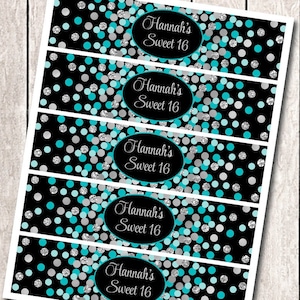 Personalized Sweet 16 Water Bottle Labels Teal Silver Black Water Bottle Wrappers Printable 16th Birthday Party Girl