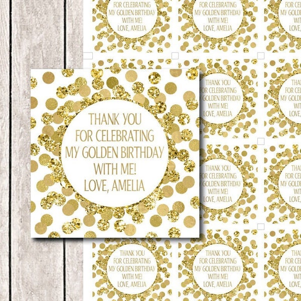 Golden birthday tags Thank you for celebrating my golden birthday with me tags Personalized favor tags Gold glitter decorations