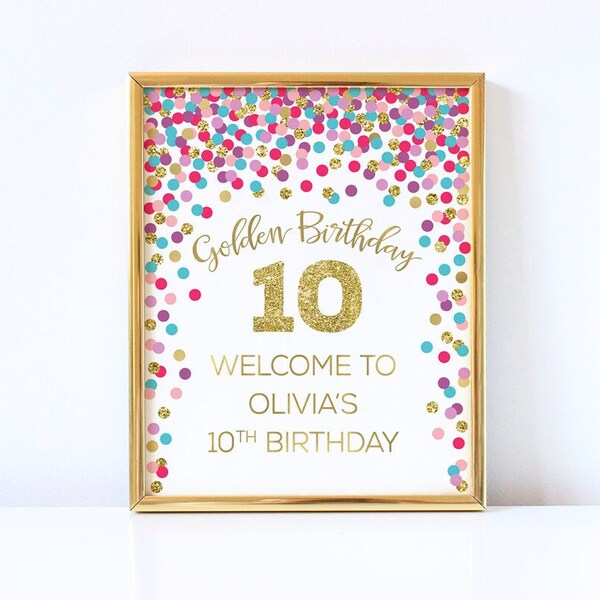 Golden birthday welcome sign Hot pink purple teal gold birthday decorations Golden birthday table sign Golden birthday welcome print Any age