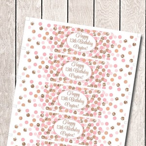 Pink and rose gold water bottle labels Happy birthday water bottle labels personalized Girl birthday decorations Custom labels Any age