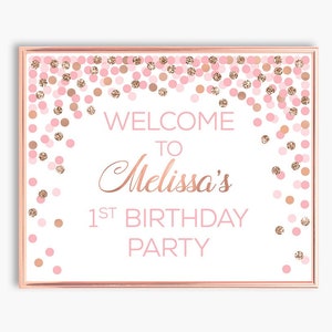 1er anniversaire panneau de bienvenue Signe de bienvenue personnalisé Rose or rose imprimé de bienvenue Décorations d’anniversaire fille Affiche de bienvenue Tout âge