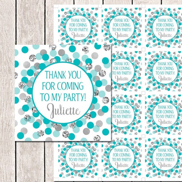 Thank you for coming to my party tags Teal silver favor tags printable Birthday thank you tags Personalized tags Teal birthday decorations