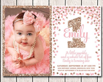 1st Birthday Invitation Personalized Girl Birthday Invitations Pink Rose Gold Glitter Sparkle Invitation