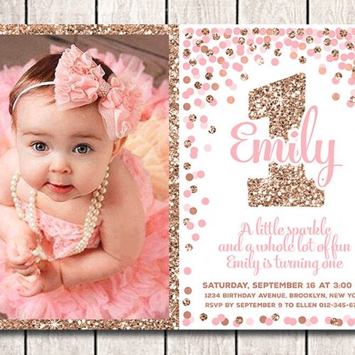 First Birthday girl Invite Pink gold glitter Digital Invitation thank