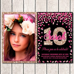 Pink and rose gold 10th Birthday invitations for girl Hot pink rose gold black photo invitation Personalized invitation with picture Any age