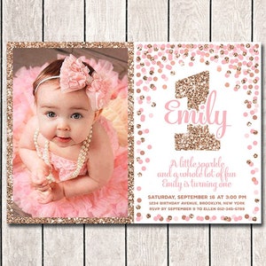 1st Birthday Invitation Personalized Girl Birthday Invitations Pink Rose Gold Glitter Sparkle Invitation