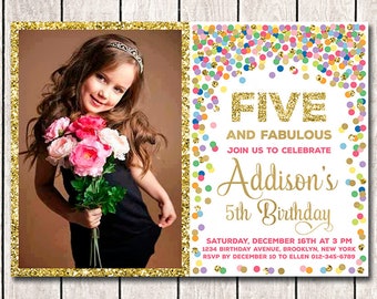 5th Birthday Invitations With Photo Five and Fabulous Birthday Invitation for Girl Rainbow and Gold Invitation With Picture