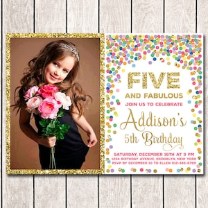 5th Birthday Invitations With Photo Five and Fabulous Birthday Invitation for Girl Rainbow and Gold Invitation With Picture