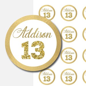 Personalized birthday tags 2x2 Gold birthday decorations 13th birthday cupcake toppers Birthday round labels Name tags printable Any age