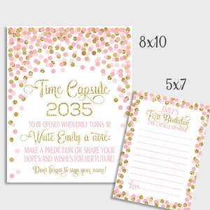 Time Capsule Afdrukbare Roze En Gouden Tijd Capsule Sign en Message Cards 1e verjaardag Time Capsule Gepersonaliseerd