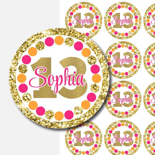 Hot pink orange gold cupcake toppers 13th birthday round labels Girl birthday tags Personalized 10th birthday tags Any age