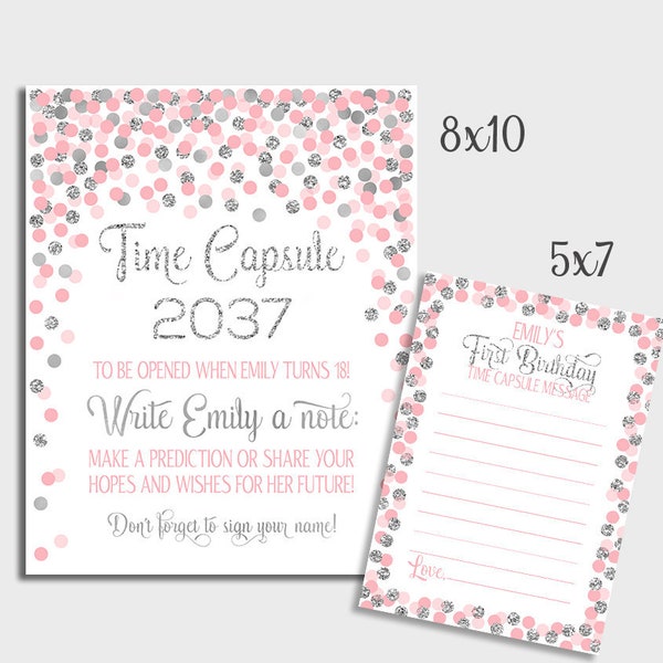 1st birthday time capsule printable Blush pink and silver time capsule first birthday girl Time capsule sign and cards