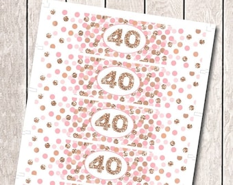 40th Birthday water bottle labels 40th Birthday decorations Pink and rose gold water bottle labels printable Rose gold 40th birthday labels