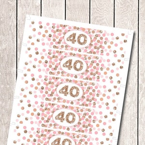 40th Birthday water bottle labels 40th Birthday decorations Pink and rose gold water bottle labels printable Rose gold 40th birthday labels