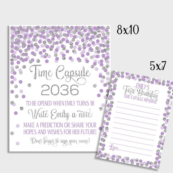 Time Capsule Personalized Purple Silver Time Capsule Sign and Message Card Girl 1st Birthday Ideas