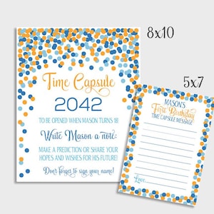 Letrero y tarjetas con mensaje de cápsula del tiempo para el primer cumpleaños en azul y naranja Cápsula del tiempo para el primer cumpleaños de niño Ideas para fiestas de primer cumpleaños Cápsula del tiempo imprimible