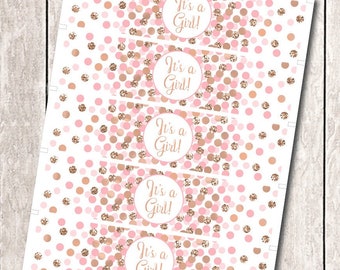 It's a girl Baby shower water bottle labels Pink and rose gold water bottle labels for girls Printable water bottle wrap